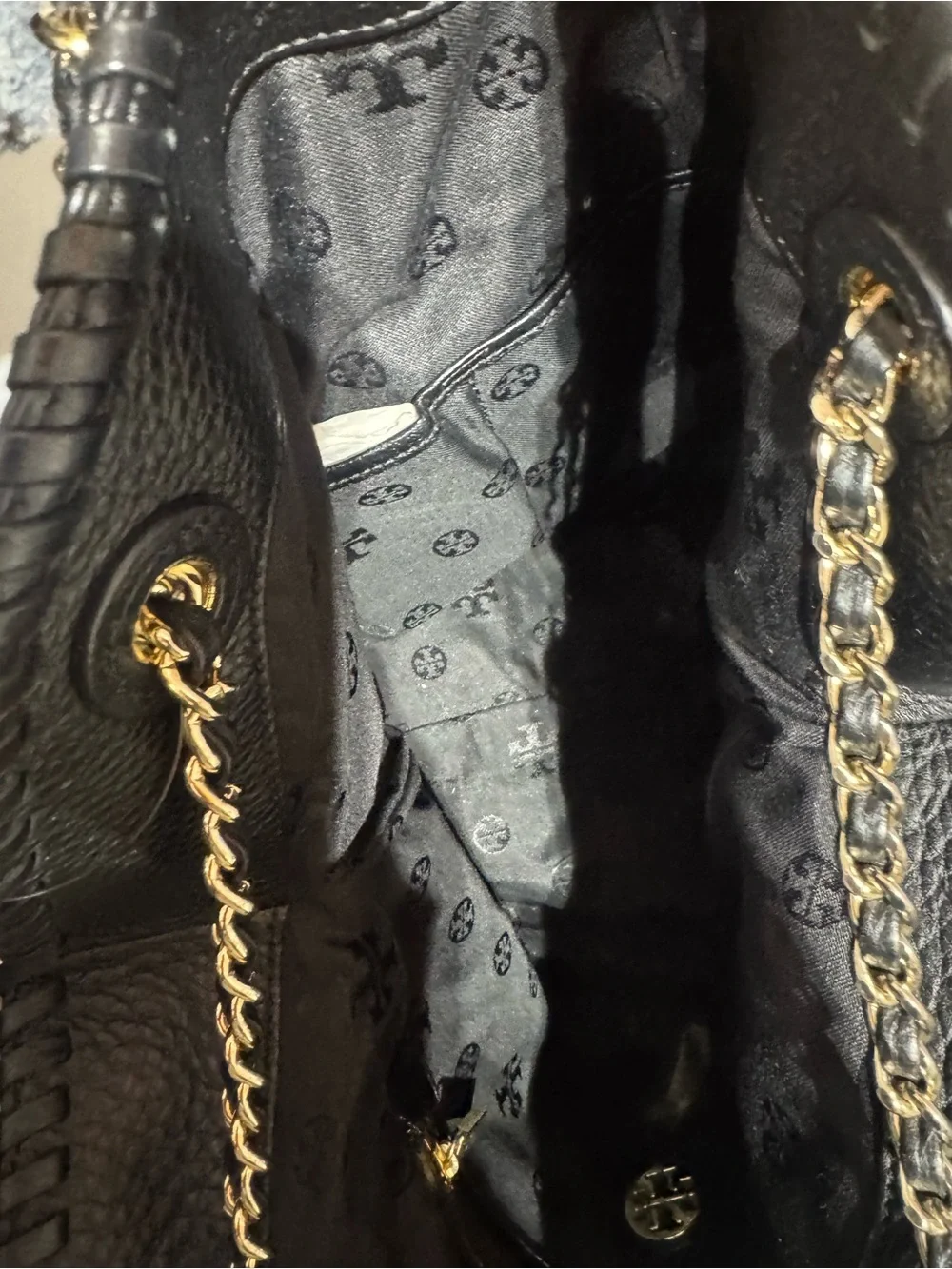 Tory Burch Black Pebbled Leather Tote with Gold Chain-Strap